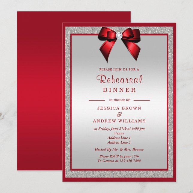 Elegant Ruby Red  Silver Glitter Rehearsal Dinner Invitation (Front/Back)