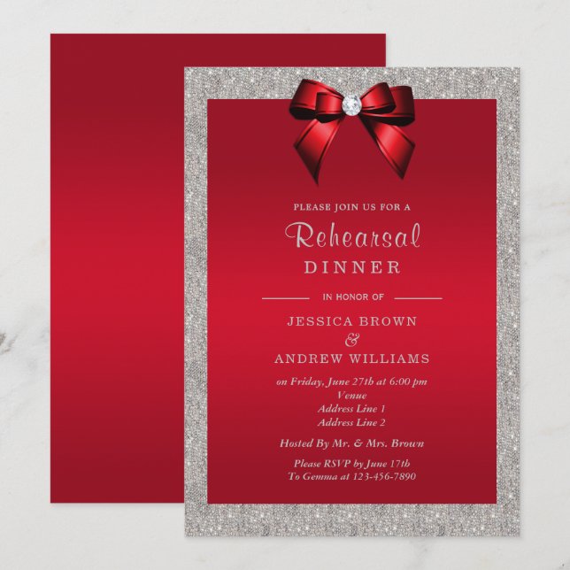 Elegant Ruby Red, Silver Glitter Rehearsal Dinner Invitation (Front/Back)