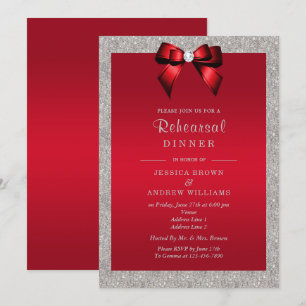Elegant Ruby Red, Silver Glitter Rehearsal Dinner Invitation