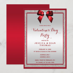 Elegant Ruby Red & Silver Glitter Valentine´s Day Invitation