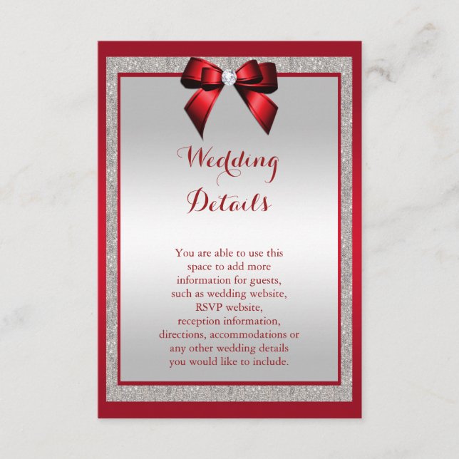 Elegant Ruby Red & Silver Glitter Wedding Details Enclosure Card (Front)