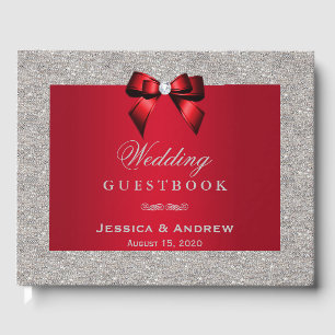 Elegant Ruby Red, Silver Glitter Wedding Guest Book