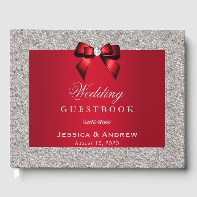 Elegant Ruby Red, Silver Glitter Wedding Guest Book (Front)