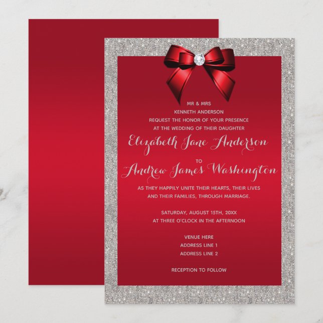 Elegant Ruby Red & Silver Glitter Wedding Invitation (Front/Back)