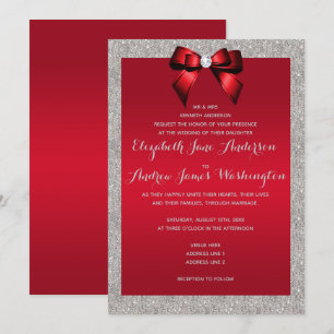 Elegant Ruby Red & Silver Glitter Wedding Invitation
