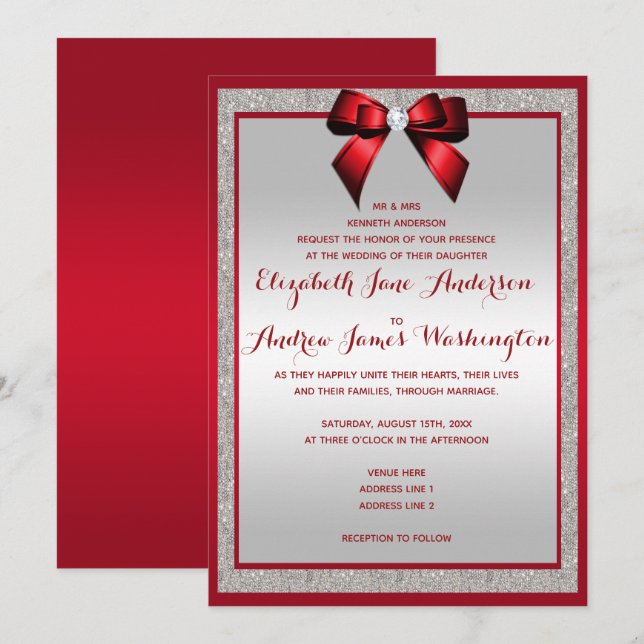 Elegant Ruby Red & Silver Glitter Wedding Invitation (Front/Back)