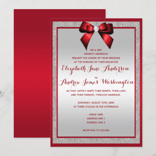 Elegant Ruby Red & Silver Glitter Wedding Invitation