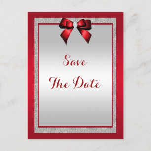 Elegant Ruby Red & Silver Glitter Wedding Invitation Postcard