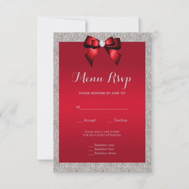 Elegant Ruby Red, Silver Glitter Wedding Menu RSVP (Front)