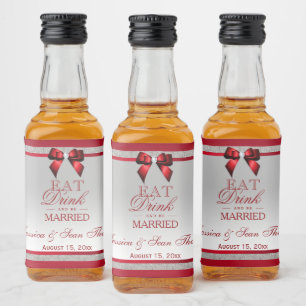 Elegant Ruby Red & Silver Glitter Wedding Mini Liquor Bottle Label