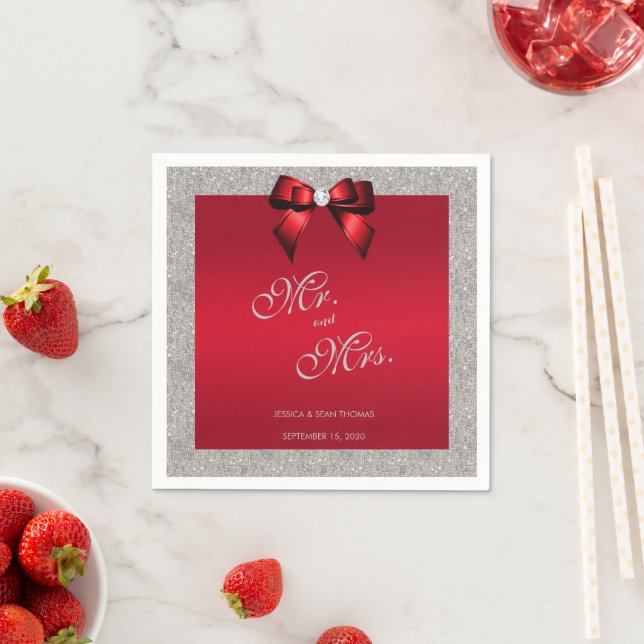 Elegant Ruby Red, Silver Glitter Wedding Napkin (Insitu)
