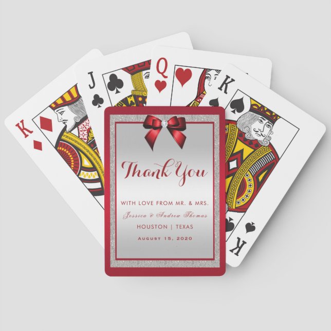 Elegant Ruby Red & Silver Glitter Wedding Playing Cards (Back)