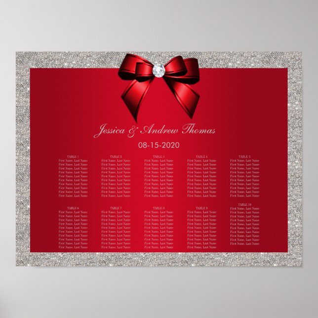 Elegant Ruby Red, Silver Glitter Wedding Poster (Front)