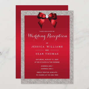 Elegant Ruby Red, Silver Glitter Wedding Reception Invitation