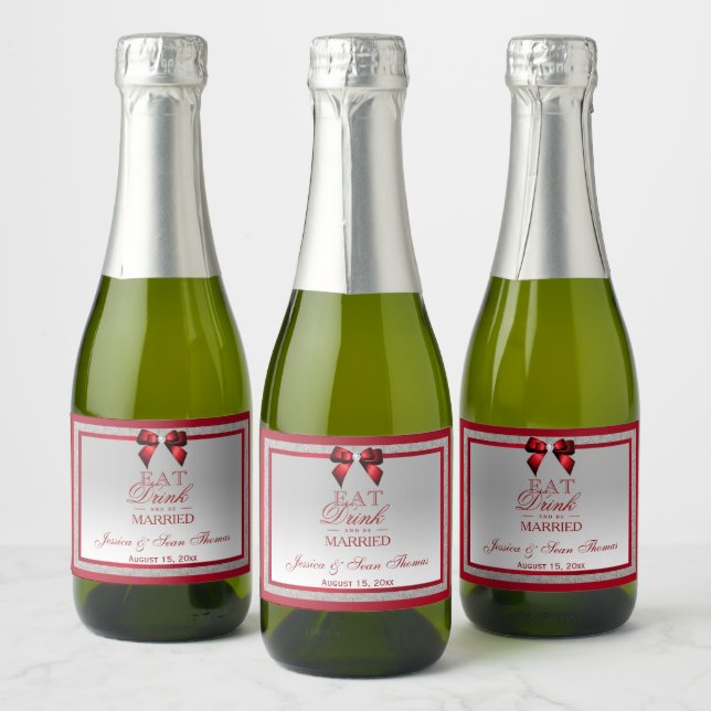 Elegant Ruby Red & Silver Glitter Wedding Sparkling Wine Label (Bottles)