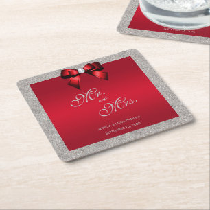 Elegant Ruby Red, Silver Glitter Wedding Square Paper Coaster