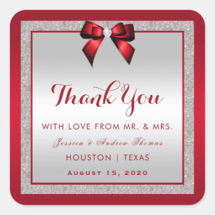 Elegant Ruby Red & Silver Glitter Wedding Square Sticker