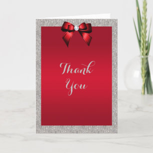 Elegant Ruby Red, Silver Glitter Wedding Thank You Card