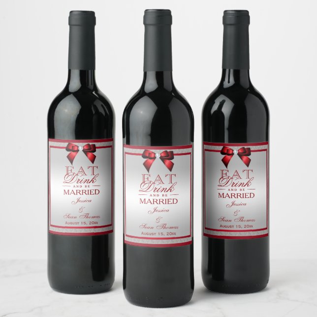 Elegant Ruby Red & Silver Glitter Wedding Wine Label (Bottles)
