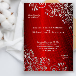 Elegant Ruby Red Silver Grey Swirls Wedding Invitation