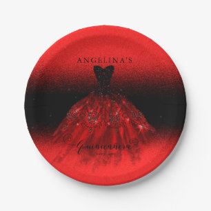 Elegant Ruby Red Spanish Gown Quinceañera  Paper P Paper Plate