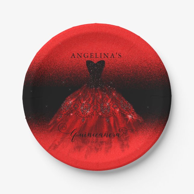 Elegant Ruby Red Spanish Gown Quinceañera  Paper P Paper Plate (Front)