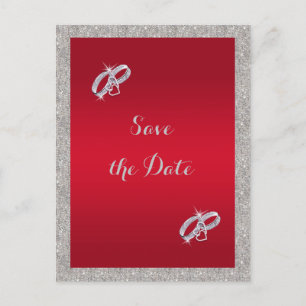 Elegant Ruby Red & Sparkly Silver Rings Wedding Announcement Postcard