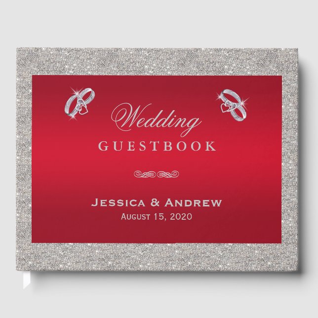 Elegant Ruby Red & Sparkly Silver Rings Wedding Guest Book (Front)