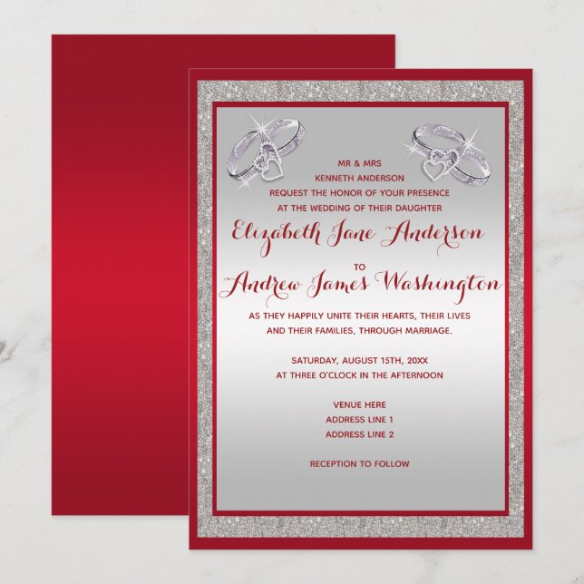 Elegant Ruby Red & Sparkly Silver Rings Wedding Invitation (Front/Back)