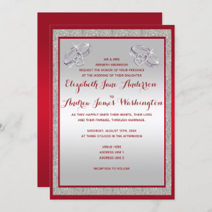 Elegant Ruby Red & Sparkly Silver Rings Wedding Invitation