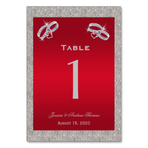 Elegant Ruby Red & Sparkly Silver Rings Wedding Table Number