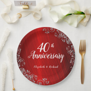 Elegant Ruby Red Swirl 40th Anniversary Paper Plate