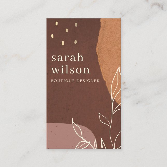 Elegant Rust Abstract Brown Orange Leafy Foliage Business Card (Front)