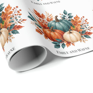 Elegant Rust and Teal Pumpkin Wedding Names Wrapping Paper