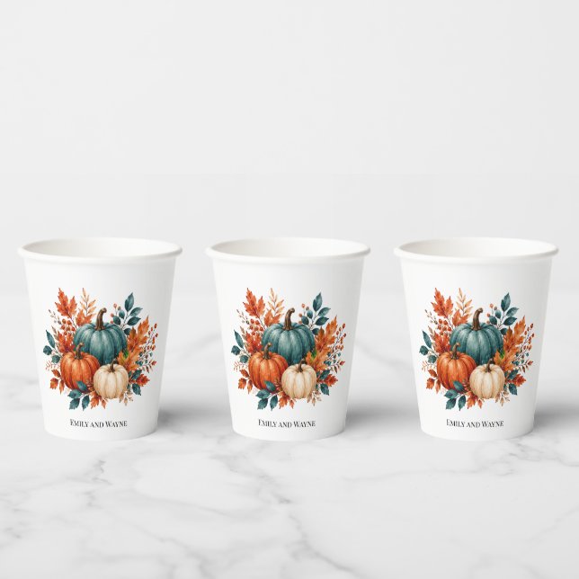 Elegant Rust and Teal Pumpkin Wedding Paper Cups (Multi)