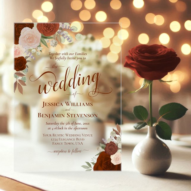 Elegant Rust Burnt Orange Boho Roses Fancy Wedding Acrylic Invitations (Clear Acrylic with Rectangle Cut)