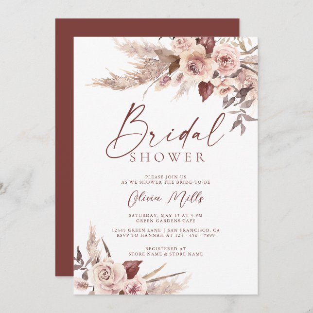 Elegant Rust Champagne Pampas Boho Bridal Shower Invitation (Front/Back)