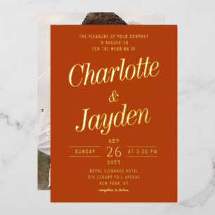 Elegant Rust Foil Script Photo Wedding