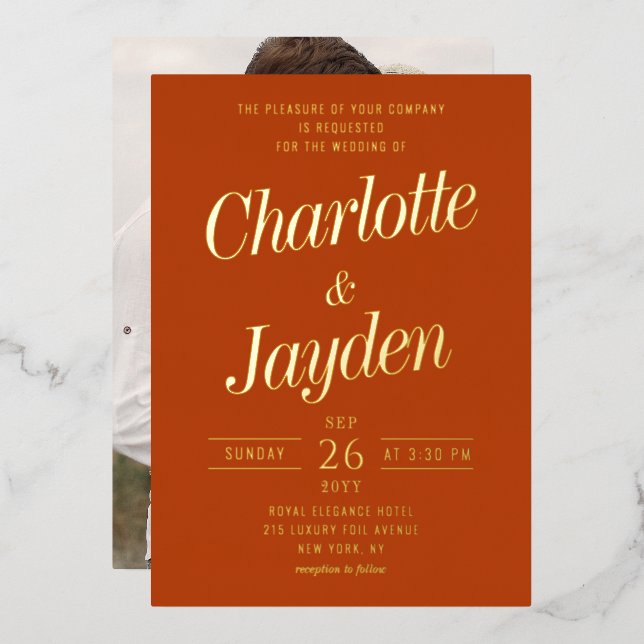 Elegant Rust Foil Script Photo Wedding (Front/Back)