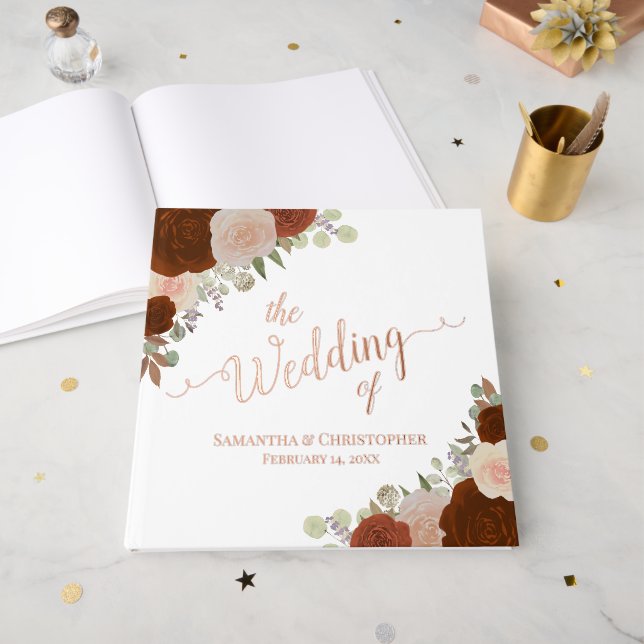 Elegant Rust Orange Boho Roses Foil Wedding Guest Book (Front Open)