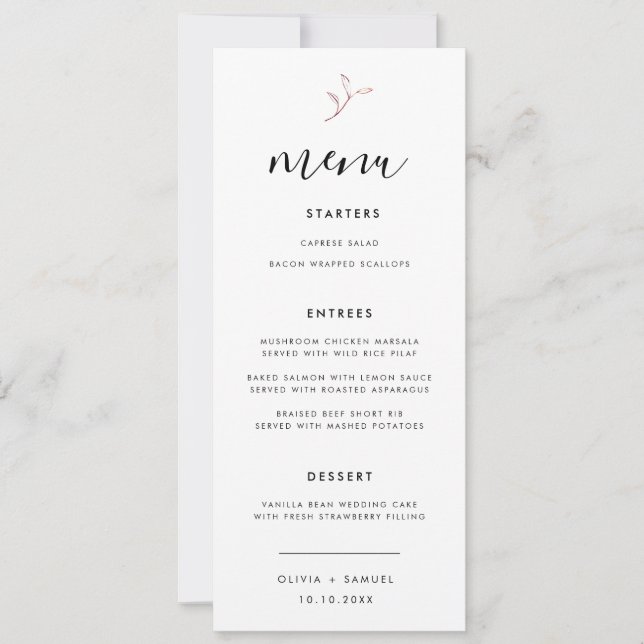 Elegant Rust Orange Branch Modern Wedding Menu Invitation (Front)