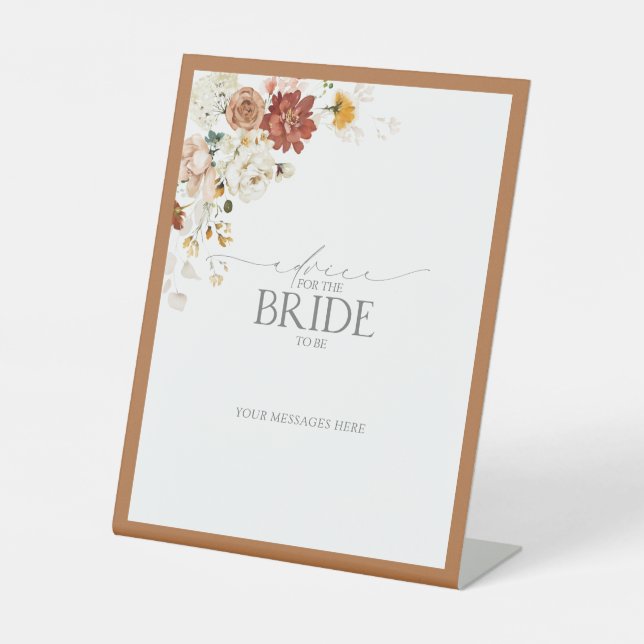 Elegant Rust Orange Floral Advice To The Bride Pedestal Sign (Front)