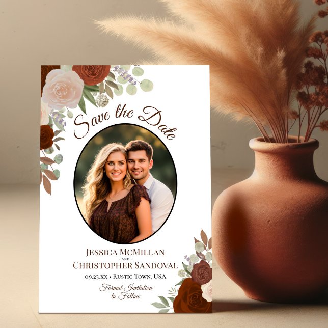 Elegant Rust Orange Floral Boho Wedding Photo Save The Date (Creator Uploaded)