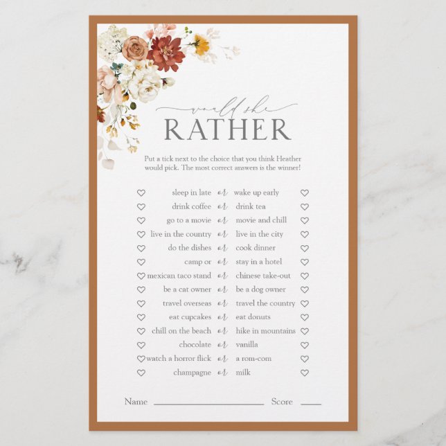 Elegant Rust Orange Floral Bridal Shower Game (Front)