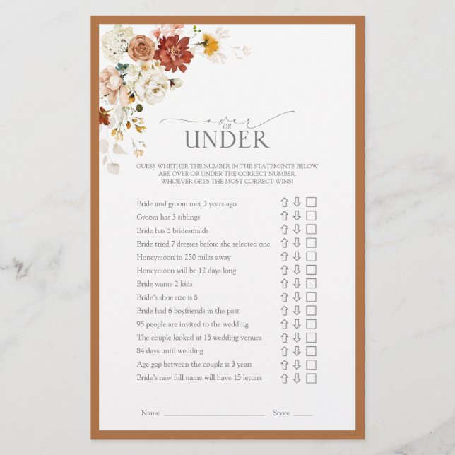 Elegant Rust Orange Floral Bridal Shower Game (Front)