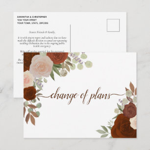 Elegant Rust Orange Floral Change of Wedding Plans Announcement Postcard
