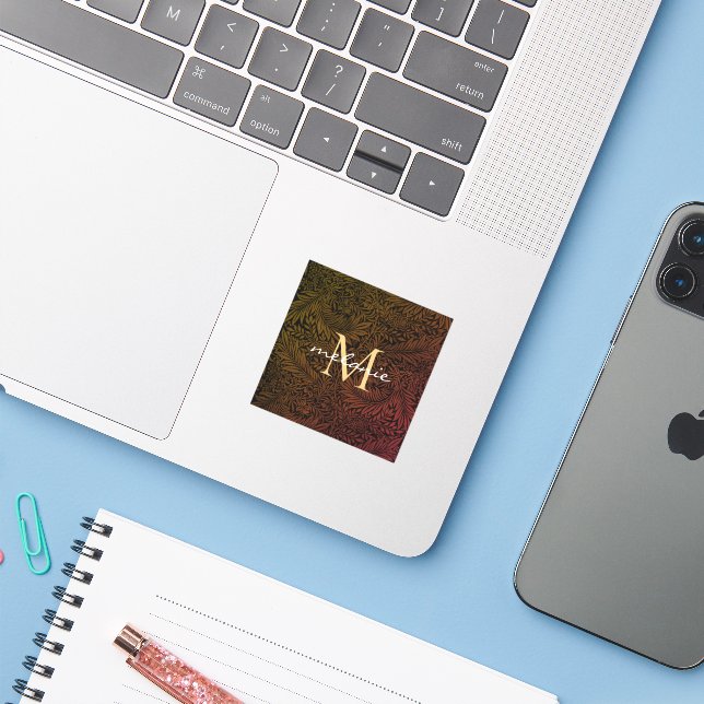 Elegant Rust Orange Gold Floral Script Monogram (Laptop w/ iPhone)