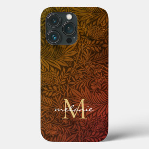 Elegant Rust Orange Gold Floral Script Monogram iPhone 13 Pro Case