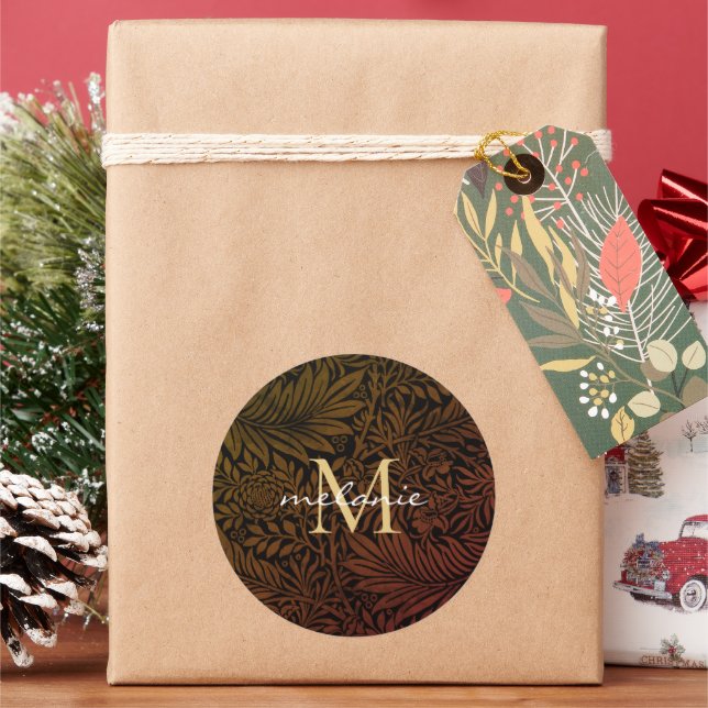 Elegant Rust Orange Gold Floral Script Monogram Classic Round Sticker (Holiday)