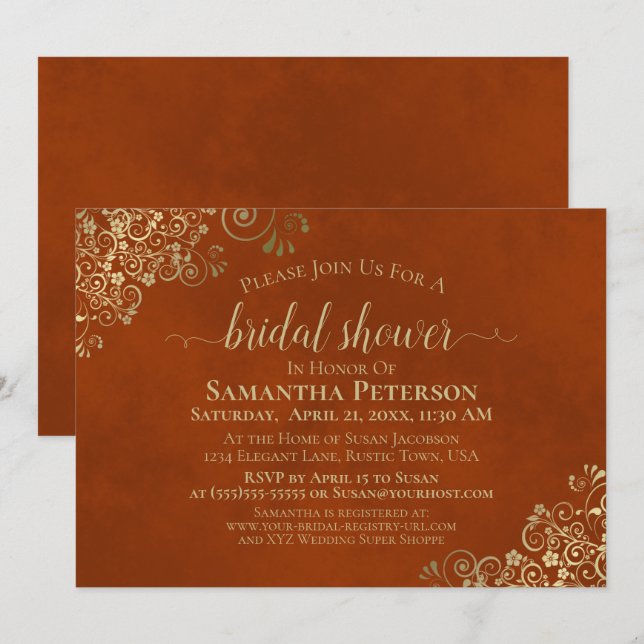 Elegant Rust Orange & Gold Lace Bridal Shower Invitation (Front/Back)